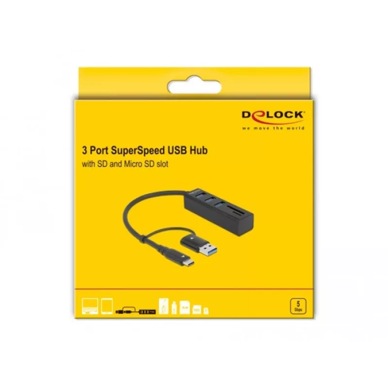 Hub USB 3.2 Gen 1 de 3 puertos + lector de tarjetas SD y Micro SD con conector USB Type-C o USB Type-A, hub USB