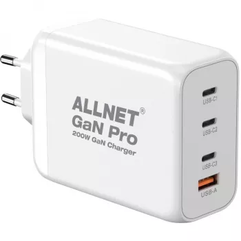 Fuente de alimentación ALLNET PSU-GaNPD-USB-1A3C-200W — cargador USB GaN de 200W, 1× USB-A, 3× USB-C