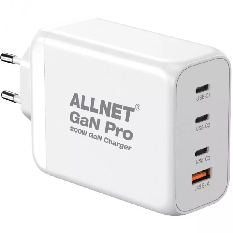 Fuente de alimentación ALLNET PSU-GaNPD-USB-1A3C-200W — cargador USB GaN de 200W, 1× USB-A, 3× USB-C