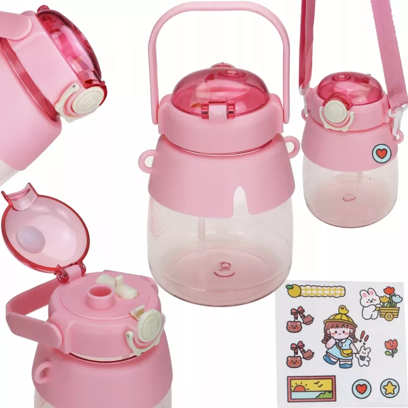 Botella de agua Extralink botella escolar con pajita y correa 1 L rosa