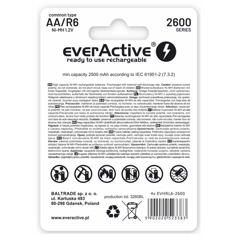 Pilas recargables R6 AA 2600mAh EverActive Professional contenido del paquete 1x blíster