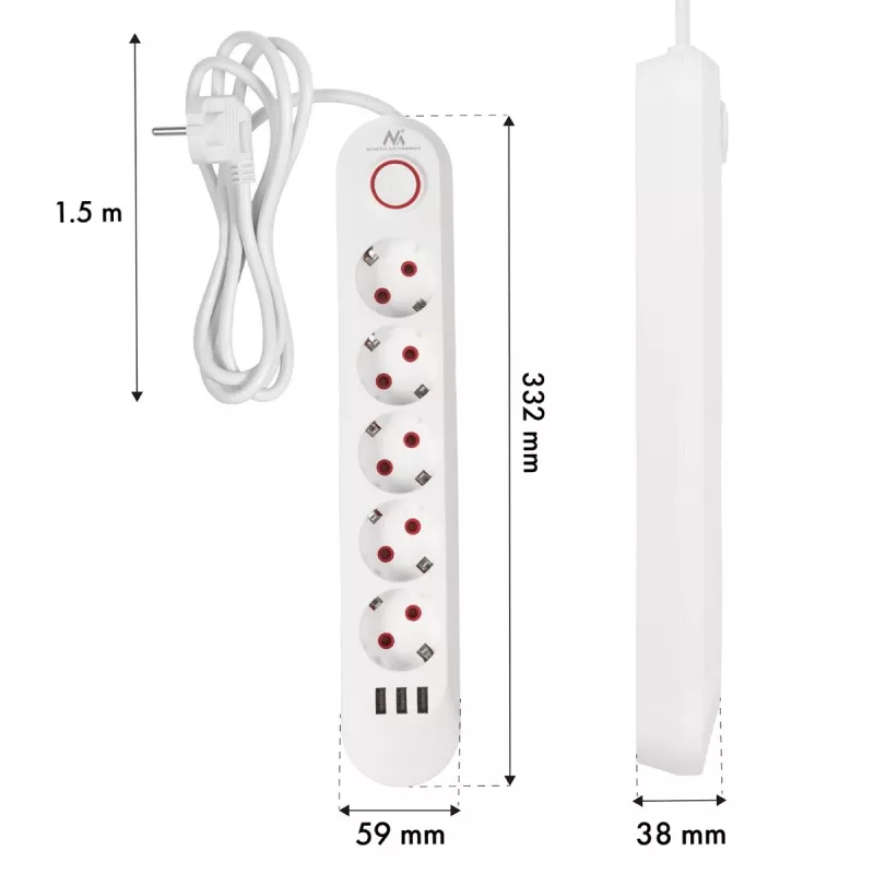 Regleta MACLEAN MCE395 W — 5 tomas de corriente, 3×USB A, 110–240 V AC, 2,1 A USB, máx. 2500 W, blanca, cable de 1,5 m