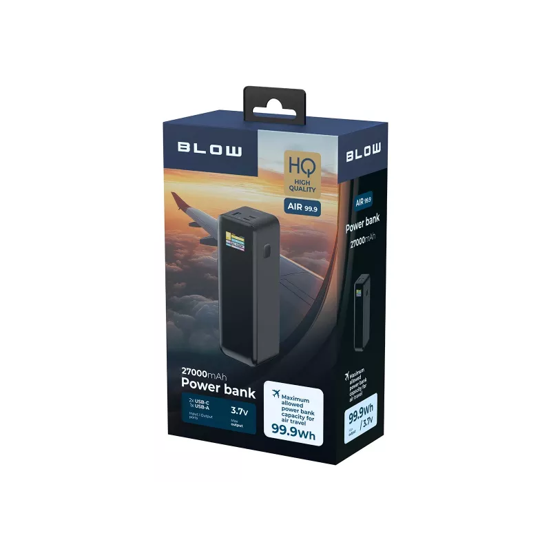 Batería externa BLOW AIR99.9 27000mAh PD 140W LCD — 2× USB‑C, 1× USB‑A, 27000 mAh, 140 W total