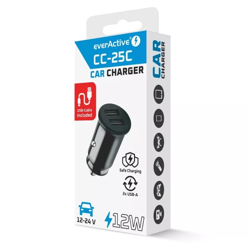 everActive CC-25C cargador de coche, 2x USB 12 W, con cable USB-C