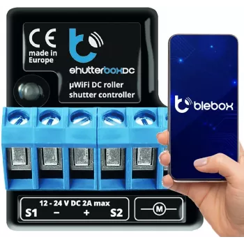 Módulo E/S bleBox shutterBoxDC 2x entradas binarias, 2x salidas de relé 230V