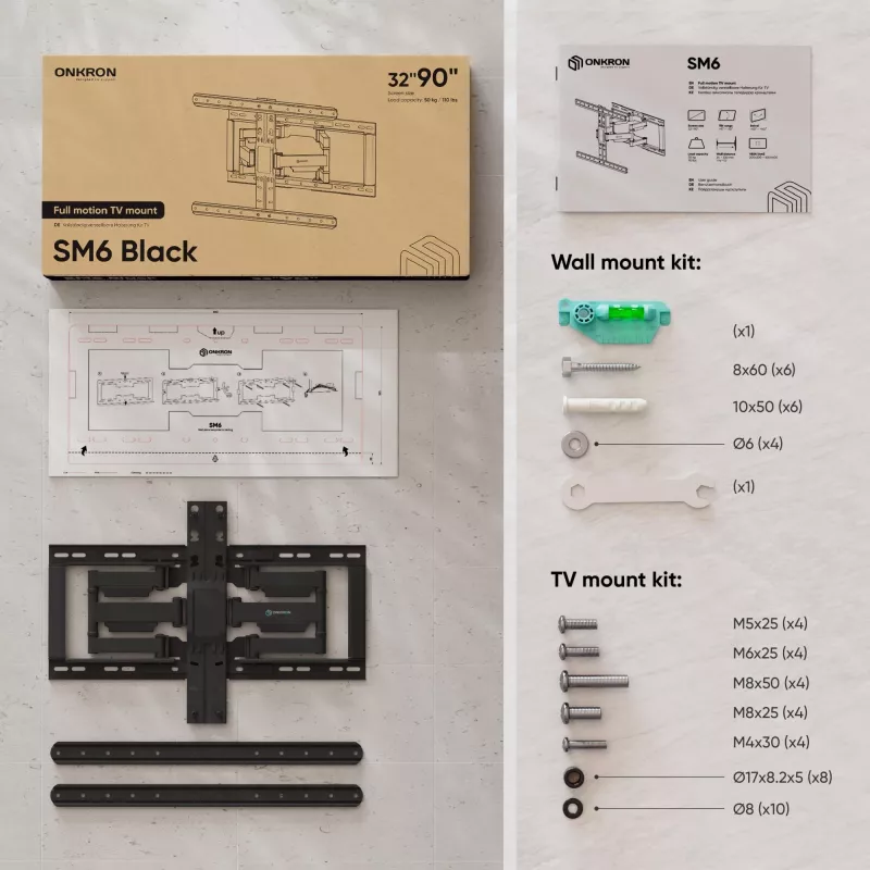Soporte de suelo para TV ONKRON SM6-B para pantallas de 32 a 90 pulgadas, capacidad de carga 50 kg, VESA 200x200-600x400, inclinación -10-5°, giro 40°