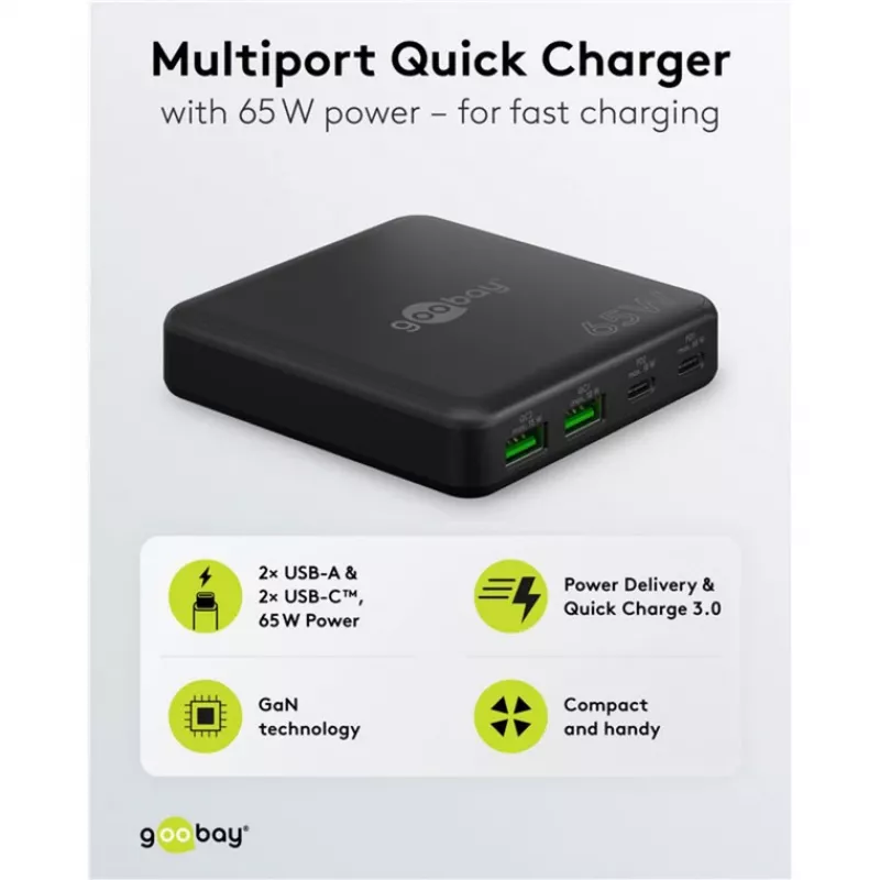 GOOBAY Cargador de sobremesa multipuerto USB-C PD GaN 65 W, negro