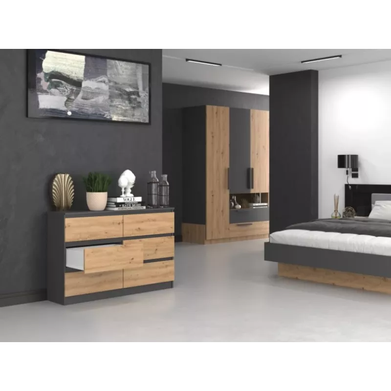 Cómoda top e shop M6 120 — antracita/roble, 6 cajones, 1200×300×770 mm, tablero de partículas