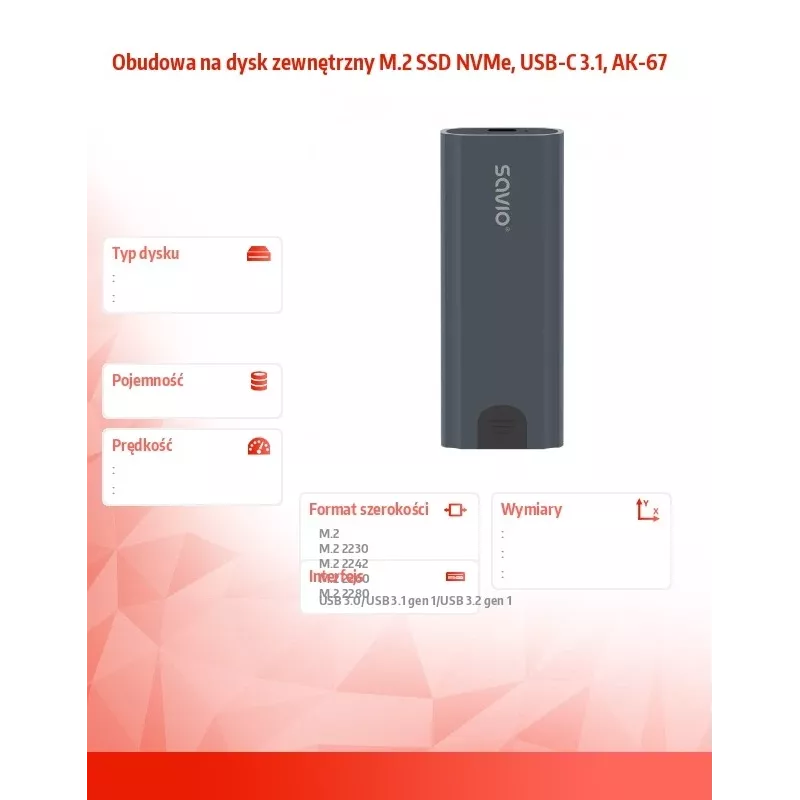 Carcasa para SSD M.2 SAVIO AK-67 Gris, USB 10 Gbit/s, compatibilidad con una unidad M.2