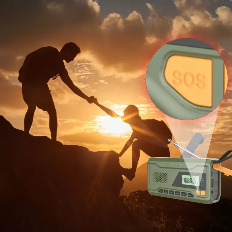 Radio FM portátil MANTA RDI401G con panel solar, dinamo, batería de 4000–4500 mAh, salida USB de 5 V, 3 W, linterna