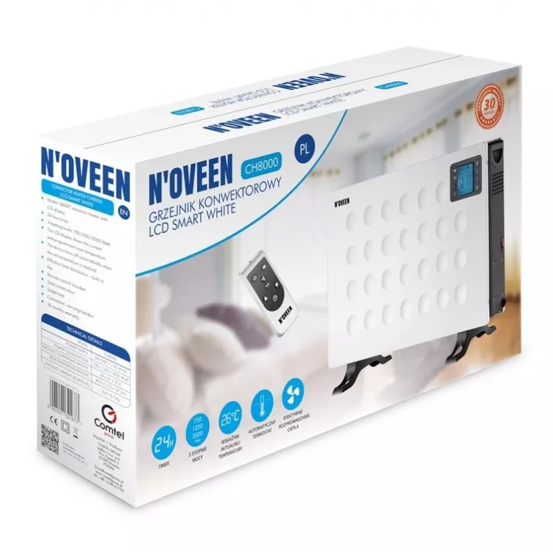 Convector eléctrico NOVEEN CH8000 — 2000 W, 3 niveles de potencia, temporizador, mando a distancia, blanco