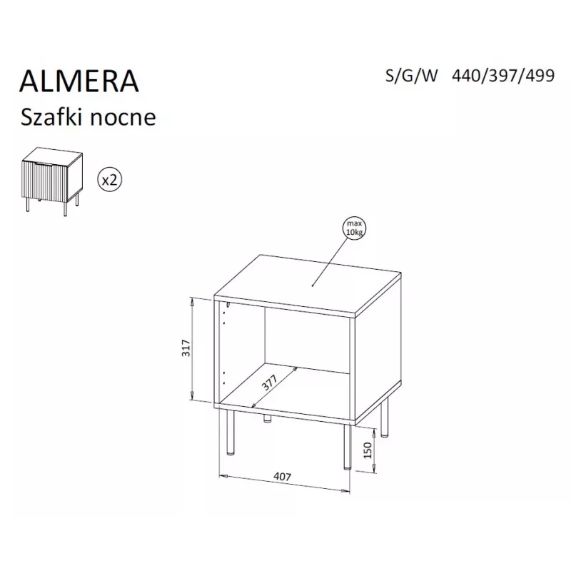 Mesita de noche Cama Meble ALMERA 50x42x44 cm, 2 uds., nogal/cashmere, MDF y aglomerado