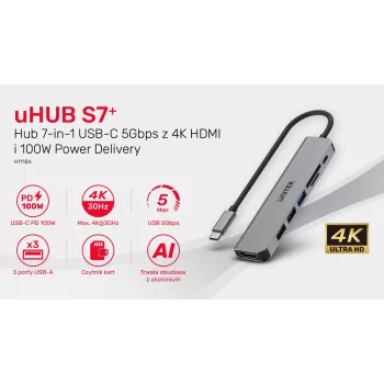 Hub USB-C Unitek 7en1 aluminio PD 100W 5 Gbps — adaptador multipuerto con Power Delivery