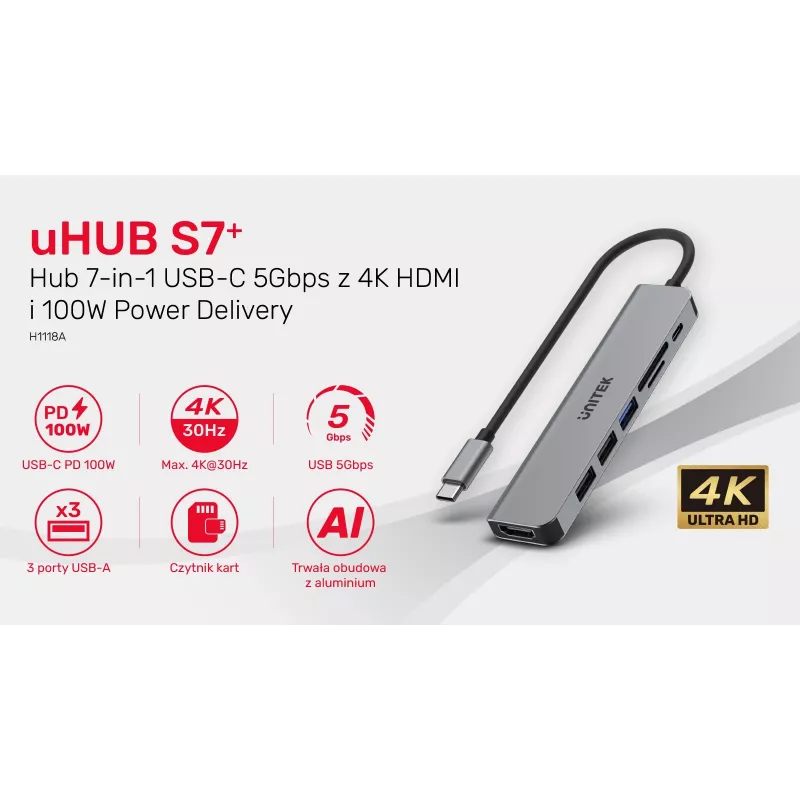 Hub USB-C Unitek 7en1 aluminio PD 100W 5 Gbps — adaptador multipuerto con Power Delivery