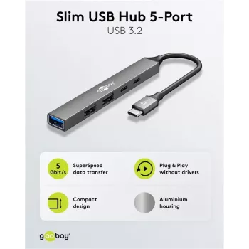 Hub USB Goobay Slim de 5 puertos, USB-C™ a USB-C™/USB-A, USB 3.2 (74460)