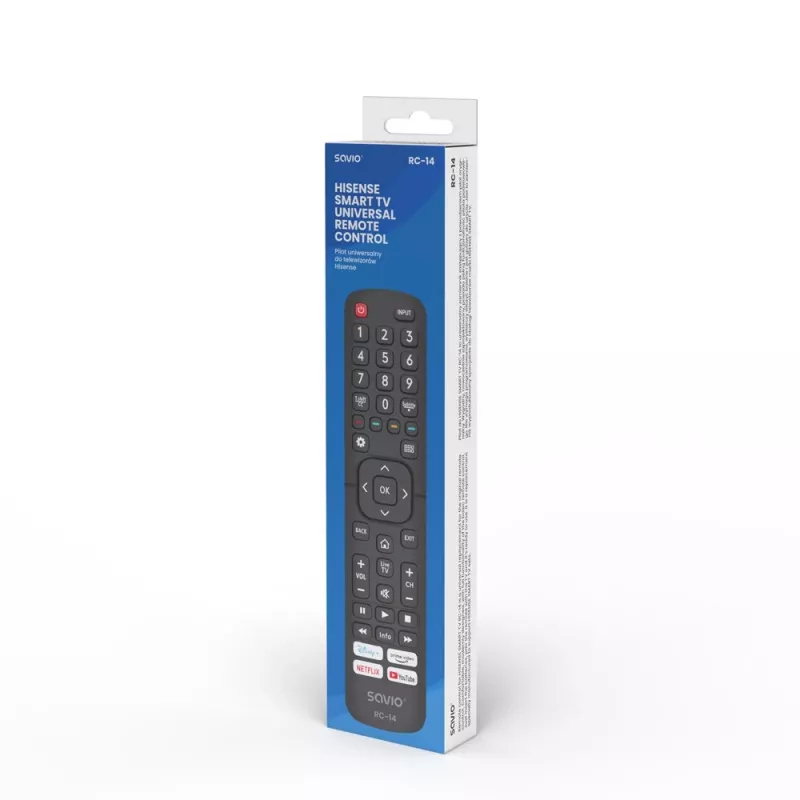 Mando a distancia universal SAVIO RC-14 para Hisense Smart TV, IR inalámbrico, compatible con 14 dispositivos, alcance de hasta 10 m, negro