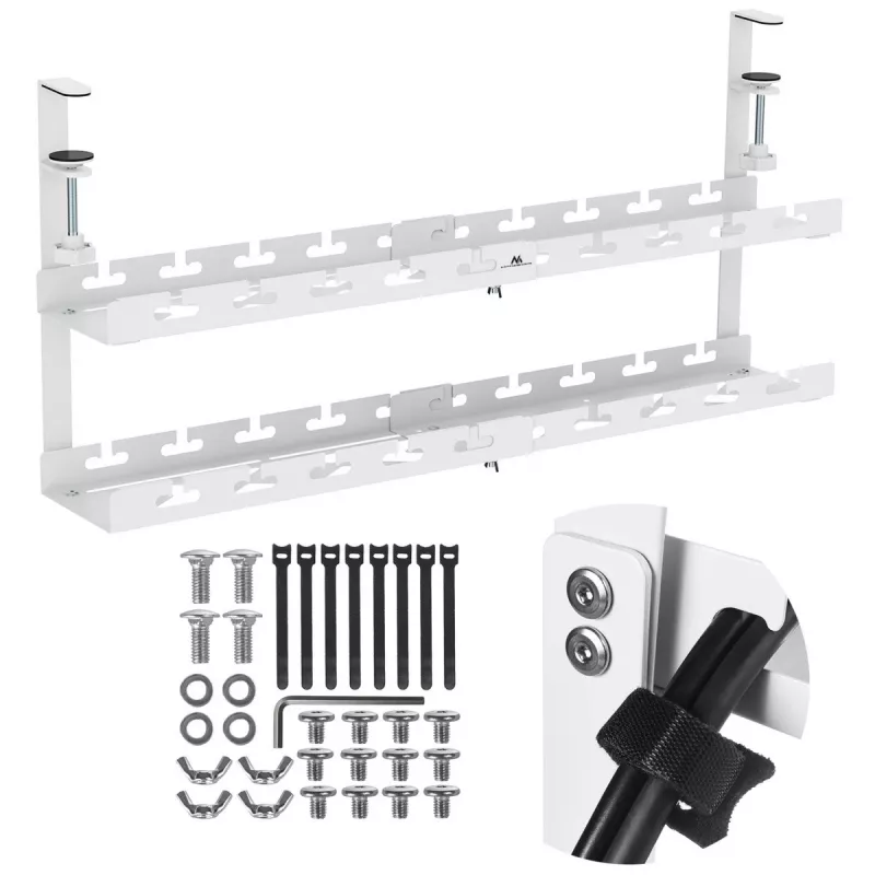 Organizador de cables bajo mesa MACLEAN MC-102W – soporte de acero para montaje bajo mesa, longitud regulable, compatible con tableros de 0,5–5 cm, carga 5 kg, blanco