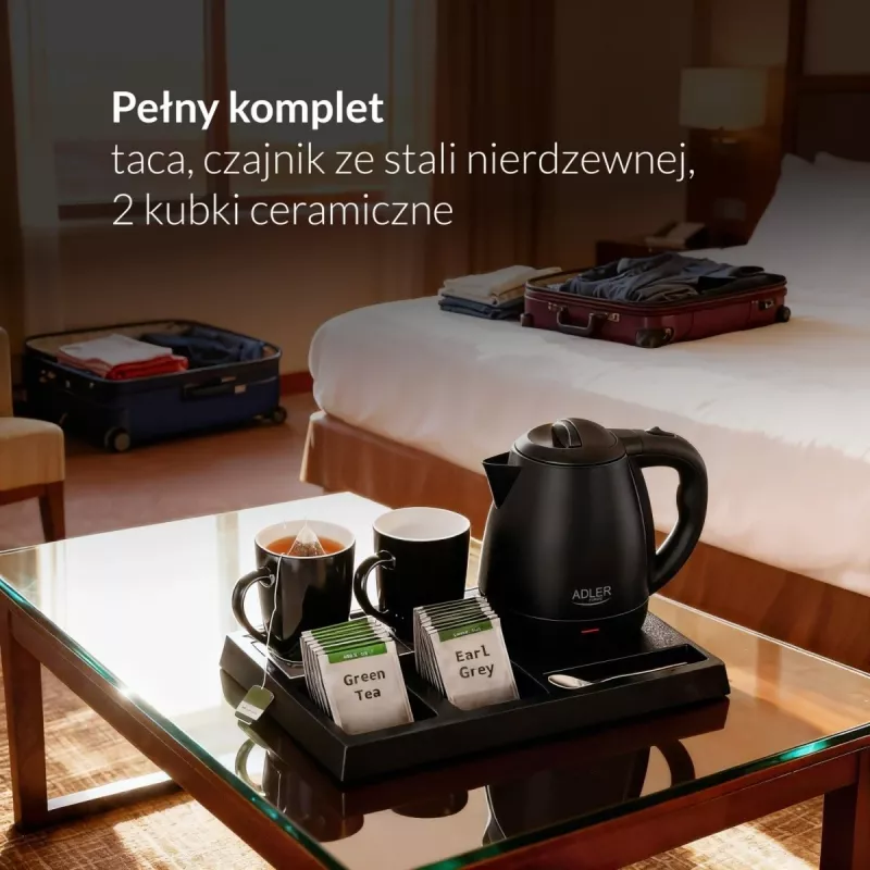 Adler AD 1387 hervidor eléctrico de hotel con bandeja y tazas, 1 l, acero inoxidable