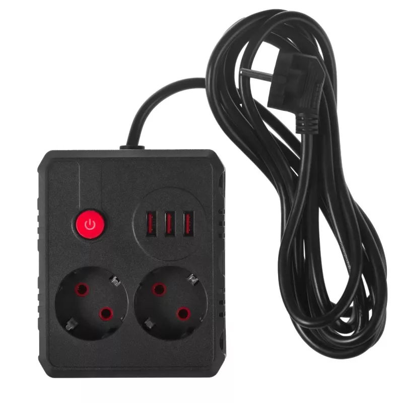Regleta Maclean MCE388 B, 2 tomas, 3x USB, 110-240 V, 2500 W, 3 m, negra