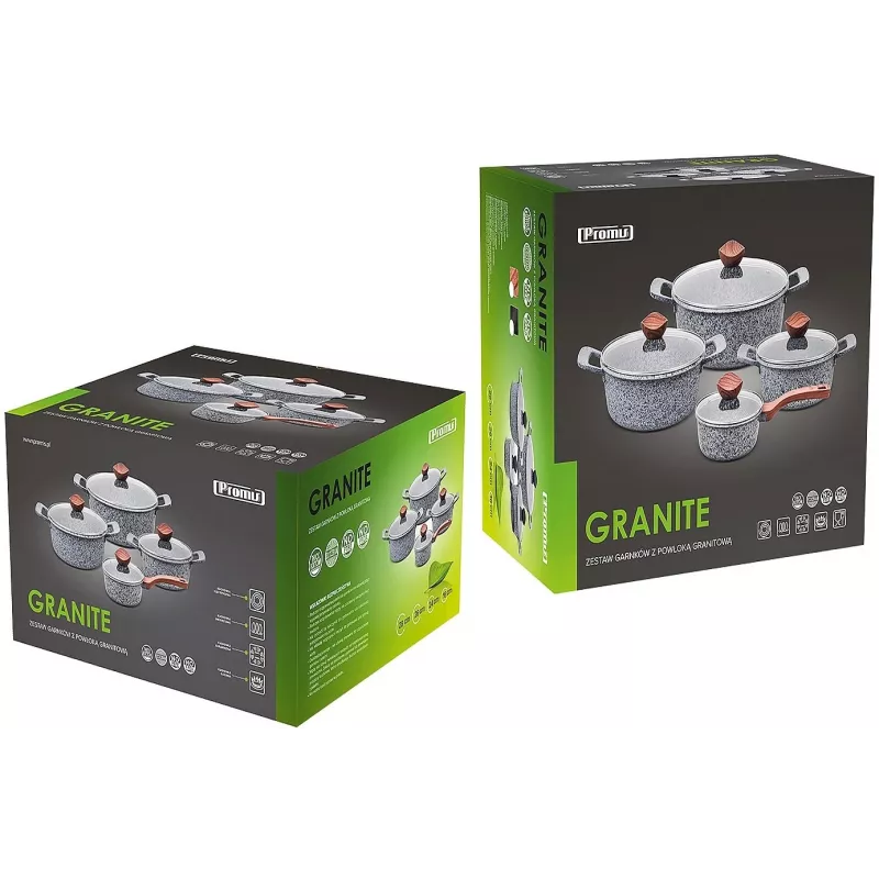 PROMIS Batería de cocina de granito, cazo 16 cm y ollas 20, 24, 28 cm, asas marrones