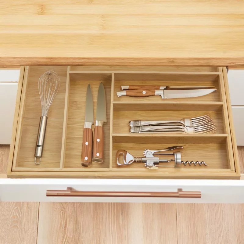 Organizador de cajón de cubiertos GreenBlue GB379, bandeja de bambú con compartimentos, acabado natural