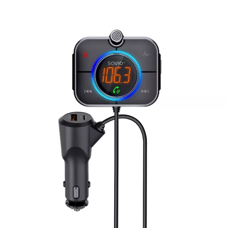 Transmisor FM SAVIO TR-14 Bluetooth USB, FM 87,6–107,9 MHz, MicroSD, USB-C, alimentación de coche 12 V