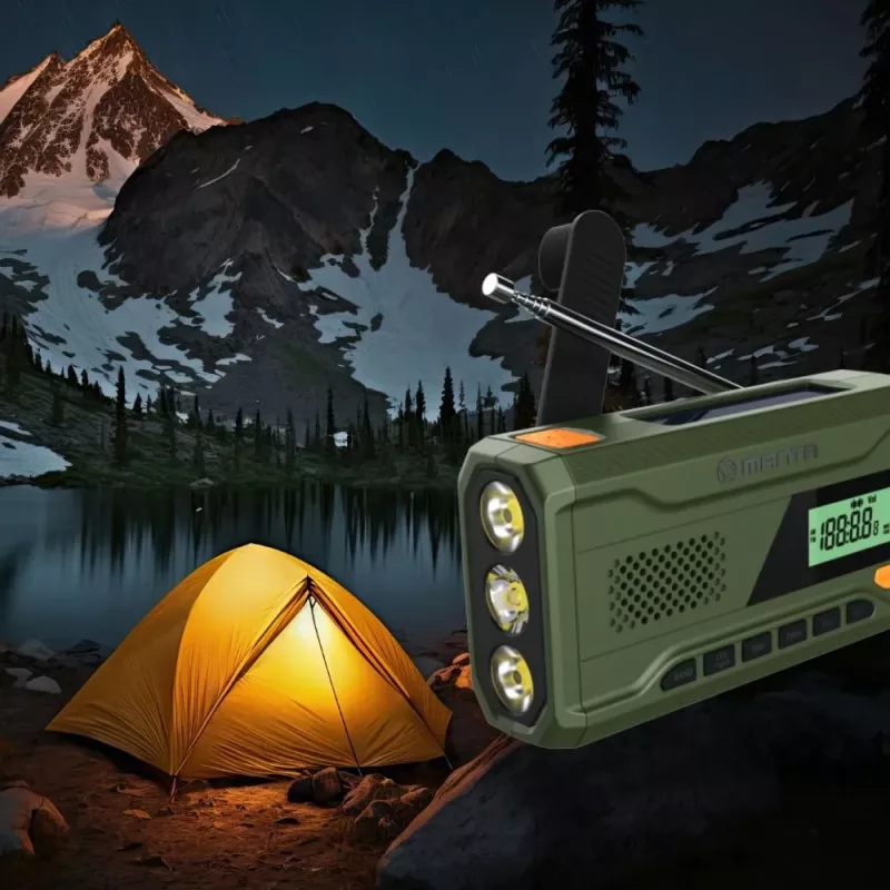 Radio FM portátil MANTA RDI401G con panel solar, dinamo, batería de 4000–4500 mAh, salida USB de 5 V, 3 W, linterna