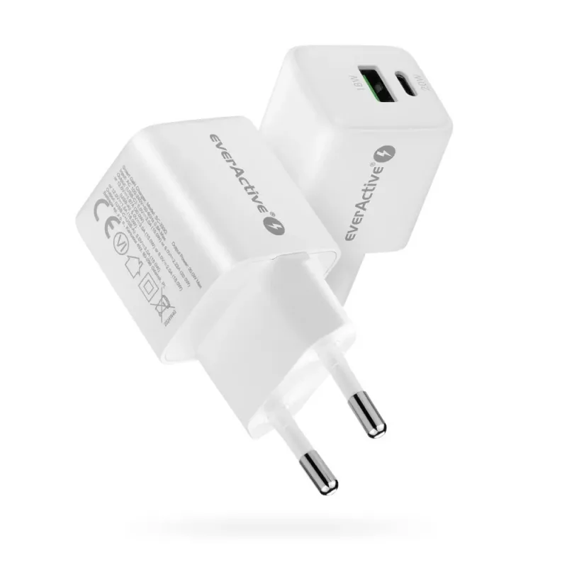 Cargador de pared everActive SC-330Q con 1x USB-A y 1x USB-C, 20W, blanco