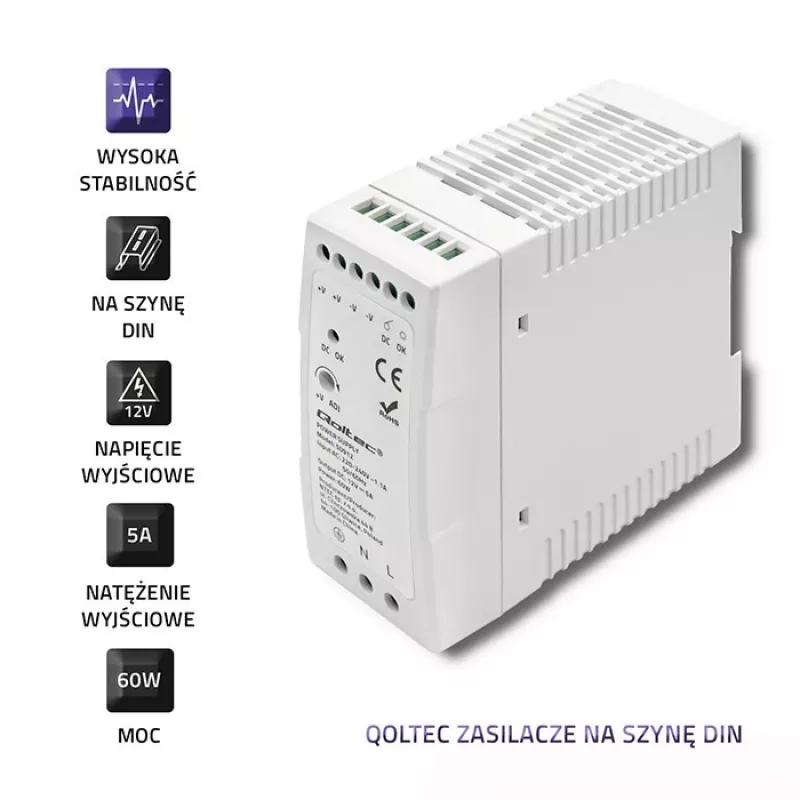 Qoltec Fuente de alimentación para carril DIN | 60W | 12V | 5A | Blanco | perfil bajo