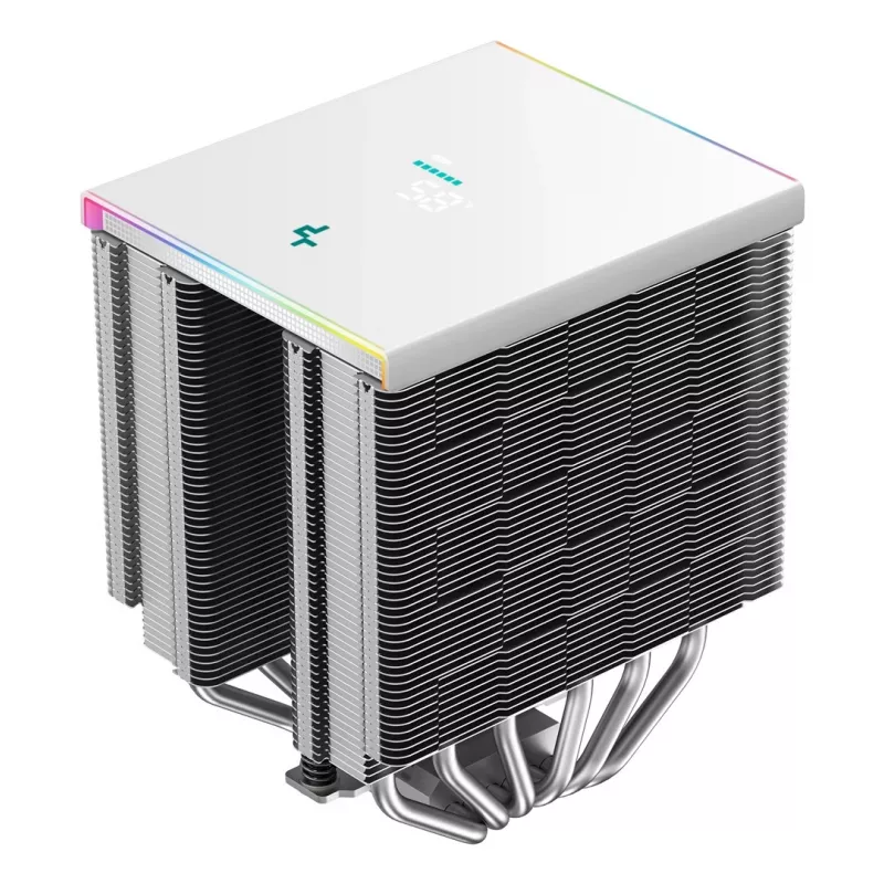 Disipador de aire DeepCool AK620 Digital SE White — dos ventiladores de 120 mm, 6 heatpipes, PWM, soporte LGA-1700, pantalla integrada