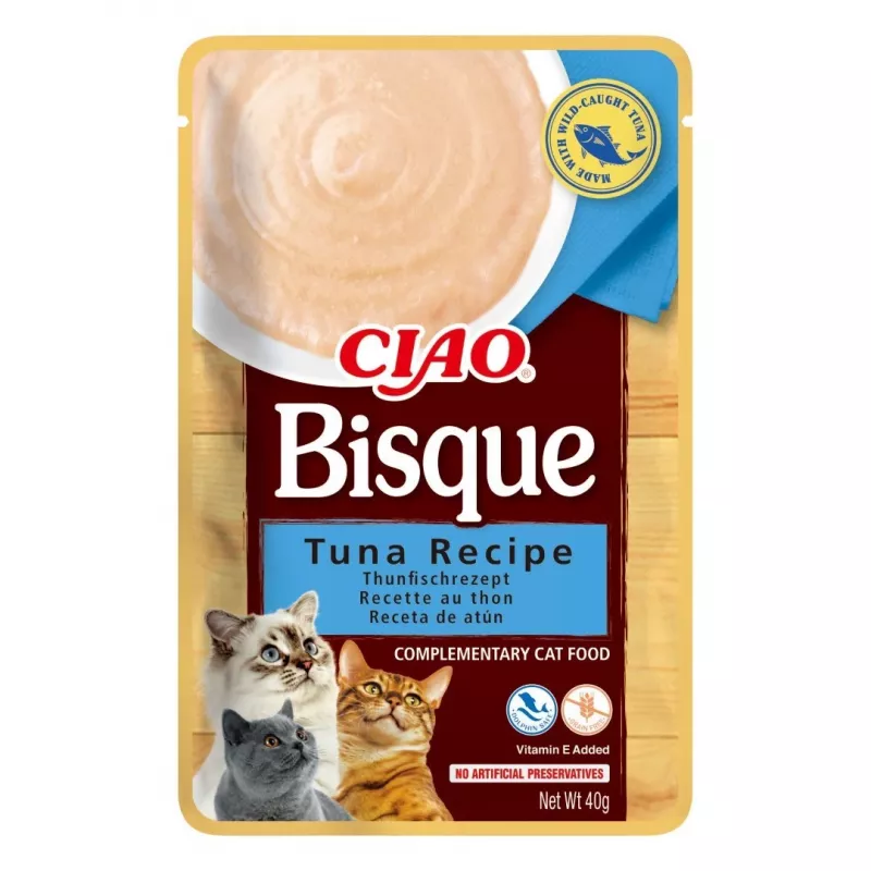 Snack de comida húmeda para gatos INABA CIAO Bisque – atún, ternera, pollo en sobres de 40 g, pack de 24