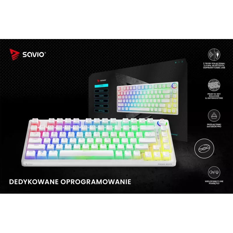 Teclado gaming Savio Phenix WHITE GAT RED PUD con cable inalámbrico USB Bluetooth RGB LED