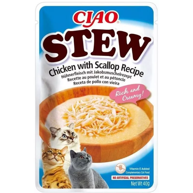 Snack de alimento húmedo para gatos INABA Ciao Stew pollo y vieira sobre de 40 g — sin cereales, adultos, cárnico