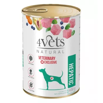 Lata de comida húmeda para perros 4vets Natural Hepatic 400 g — dieta veterinaria para el apoyo hepático, pavo, 77 % humedad