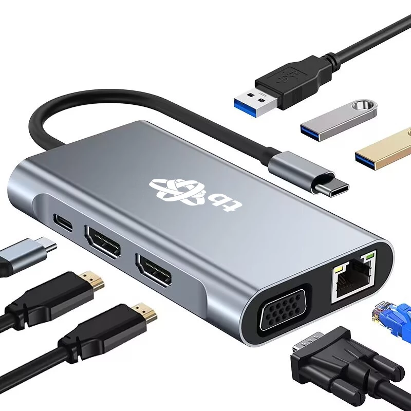 HUB 8en1 Adaptador USB C HDMI x2 USB VGA RJ45 PD