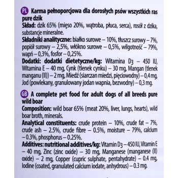 Comida húmeda para perros Dolina Noteci Boar Adult 800 g — monoproteína de jabalí, 10% proteína, 7% grasa