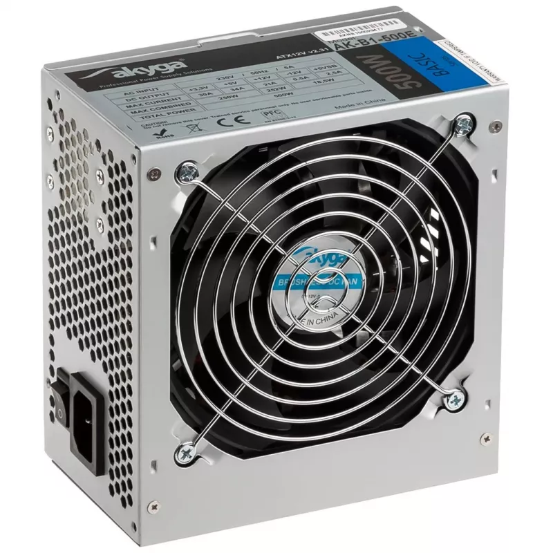 Fuente de alimentación ATX Akyga AK-B1-500E Basic 500 W, PFC pasivo, ventilador de 120 mm, gris