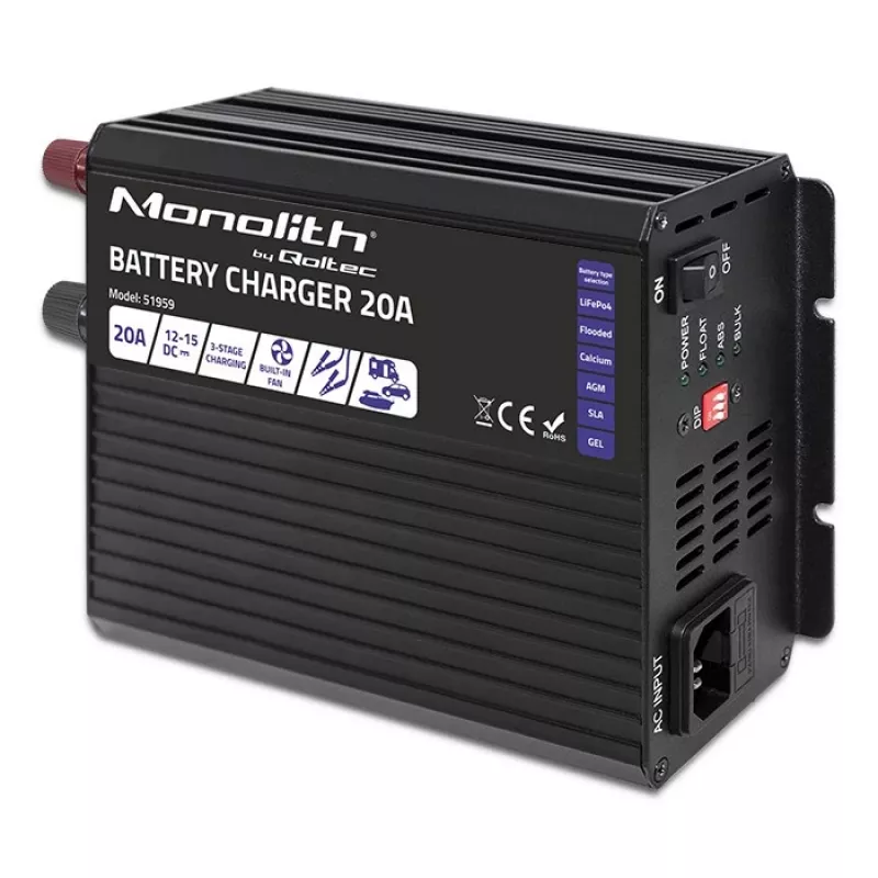 Cargador QOLTEC Monolith 20 A 12 V para baterías LiFePO4, AGM, GEL, SLA