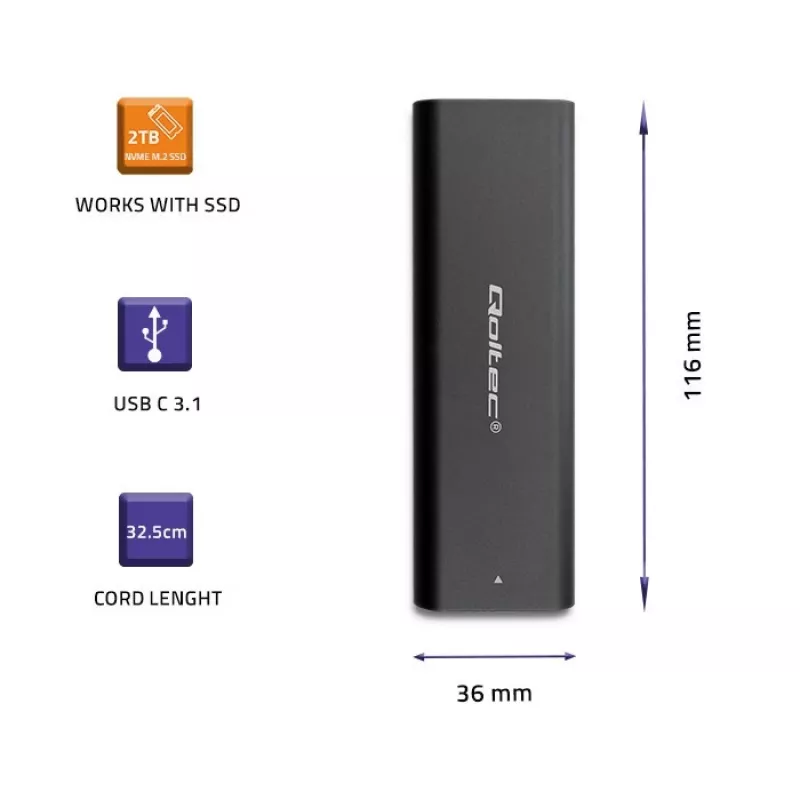 Qoltec 50312 carcasa para SSD M.2 NVMe, USB Type-C, negra