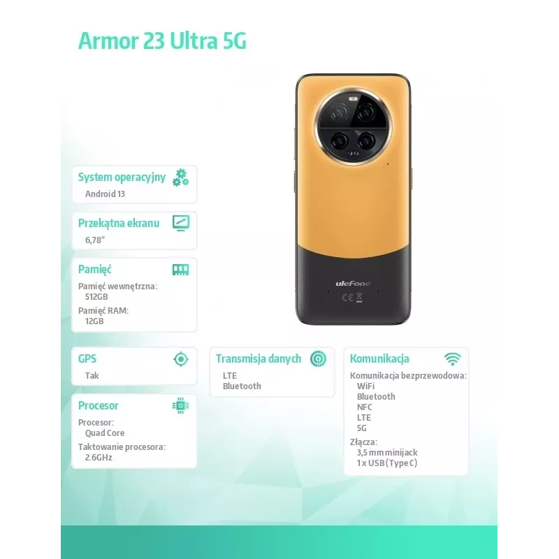 Smartphone robusto UleFone Armor 23 Ultra 5G – 12 GB RAM, 512 GB almacenamiento, naranja