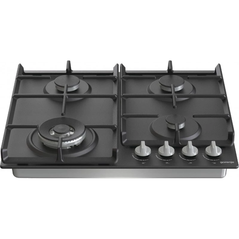 Placa de gas integrable Gorenje GW641EXB, 4 zonas de gas, negra, 60 cm, control por mando giratorio, rejillas de hierro fundido