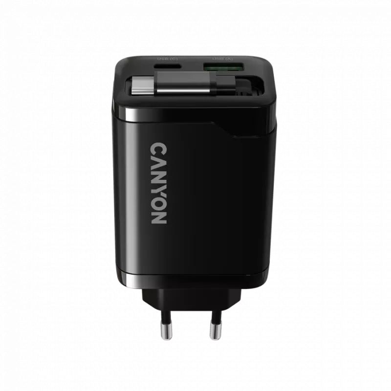 Cargador CANYON OnCharge 65RC con cable USB-C integrado, 65 W, 1x PD, 1x QC, conector EU, negro