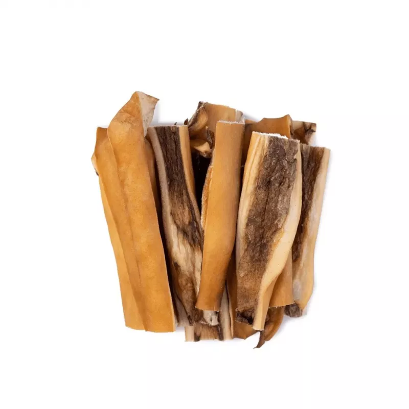 Snacks para perros UNISZKI piel de ternera 100 g — tiras masticables naturales de piel de ternera para la higiene dental, bolsa de 100 g, proteína 65%