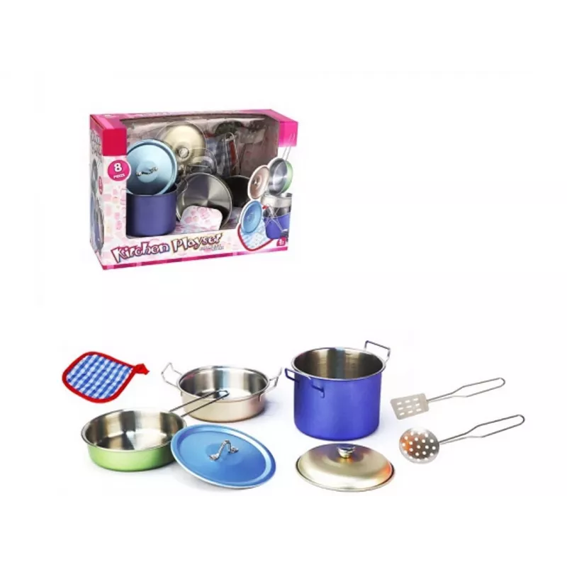 Set de cocina de metal de 8 piezas de Madej — utensilios y menaje de cocina de juguete de metal, accesorios para cocinitas