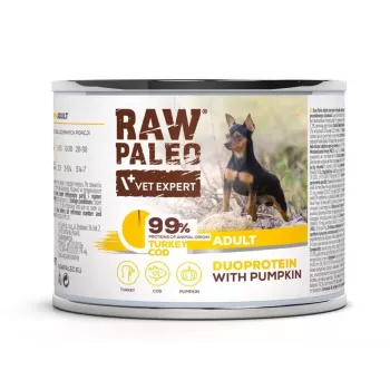 Comida húmeda para perros VETEXPERT RAW PALEO Duoprotein pavo y bacalao Adult 200 g, lata, 82 % humedad, 10,3 % proteína