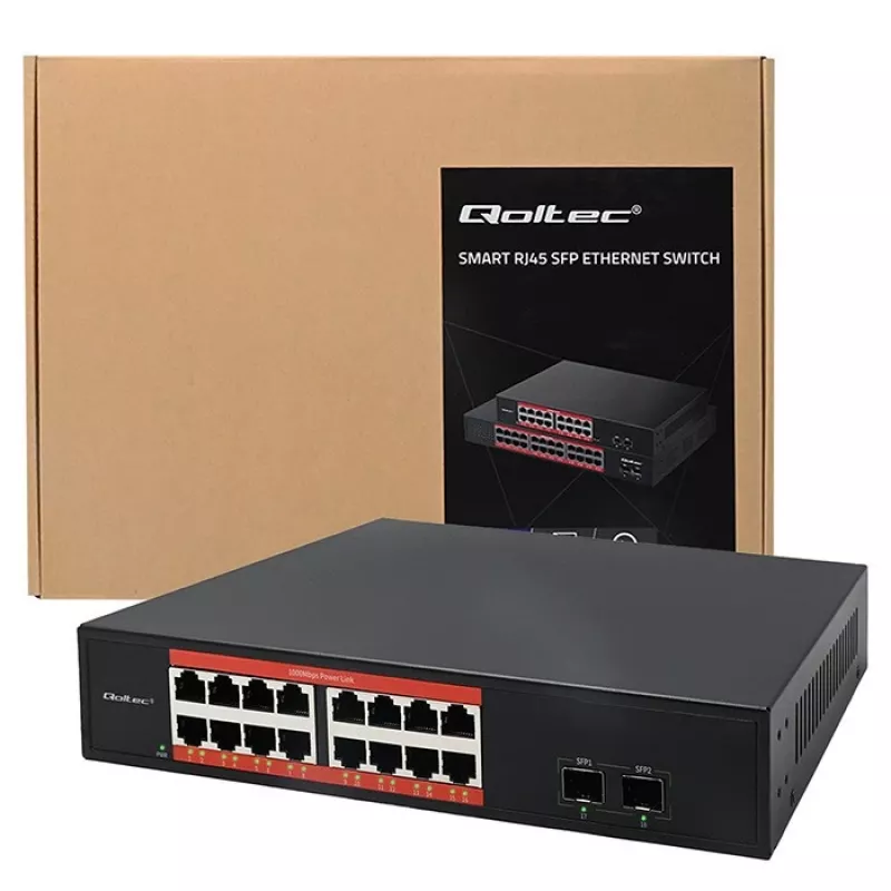 Switch de red QOLTEC 52364 — Gigabit Ethernet PoE 16xRJ45, 2xSFP