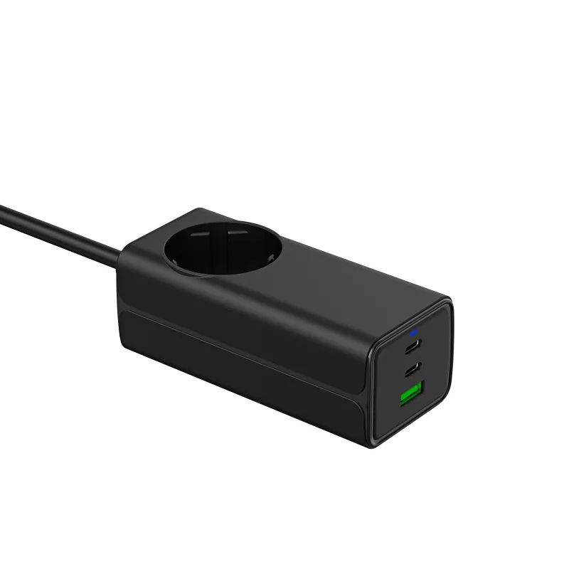 Akyga AK-CH-21 Cargador USB GaN 65 W, 2 x USB-C + USB-A, con regleta, 1,5 m, negro