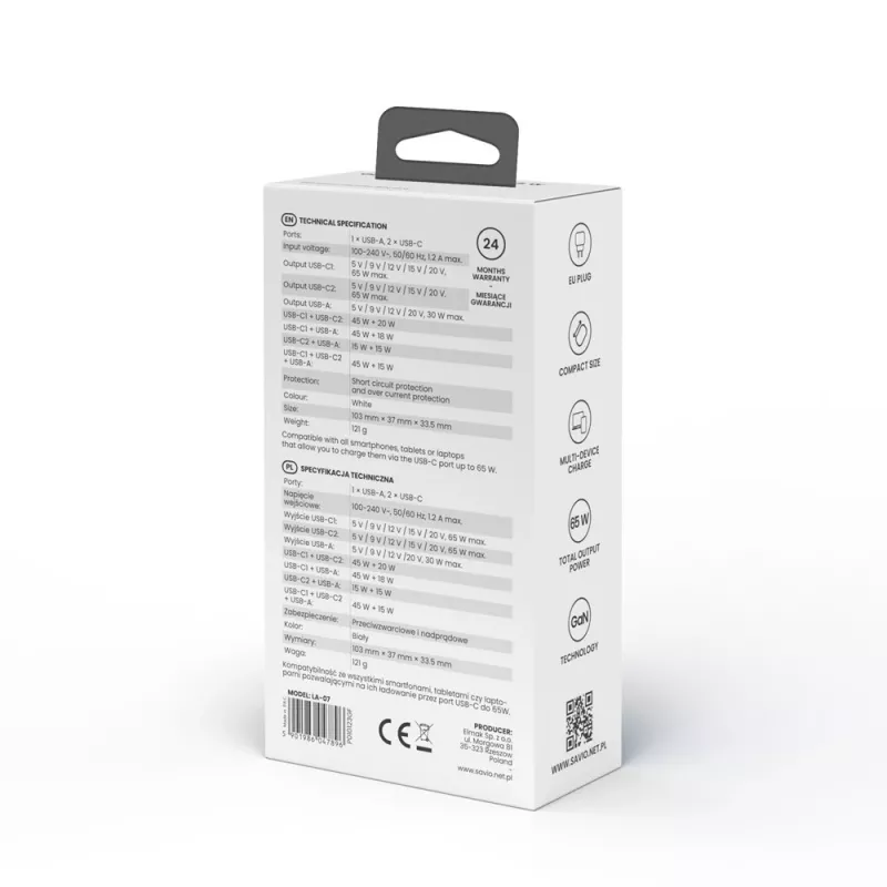 SAVIO LA-07 Fuente de alimentación GaN 65W, USB, QC4.0+, PD 3.0, Blanca