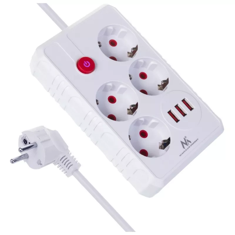 Regleta MACLEAN MCE392 W — 4 tomas de corriente F, 3×USB A, 110–240 V, 2,1 A máx., 2500 W, cable de 1,5 m, blanca
