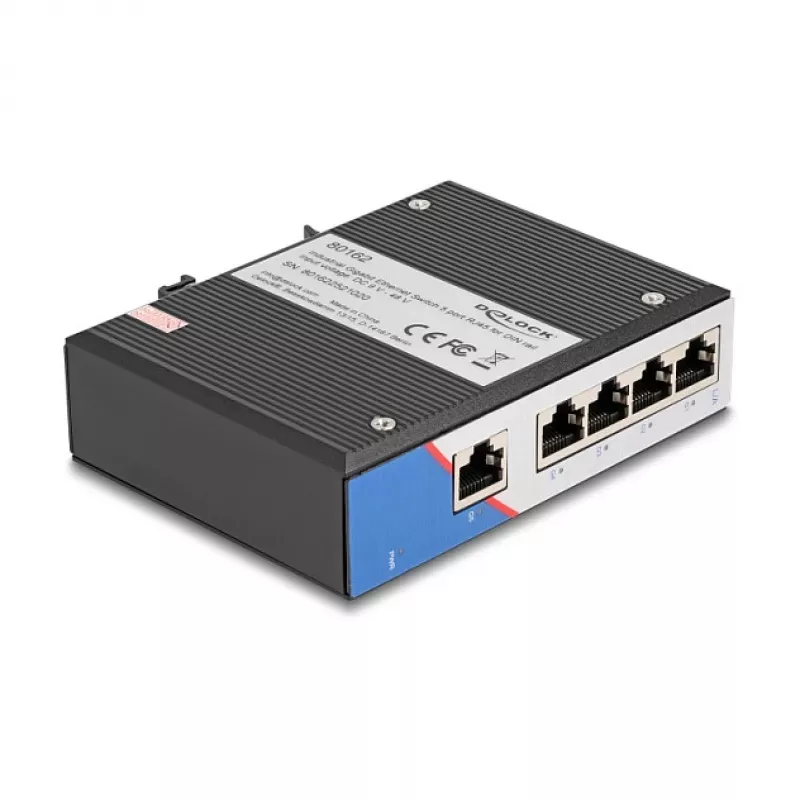 Switch Ethernet DELOCK 80162 — 5 puertos Gigabit RJ45 para montaje en carril DIN